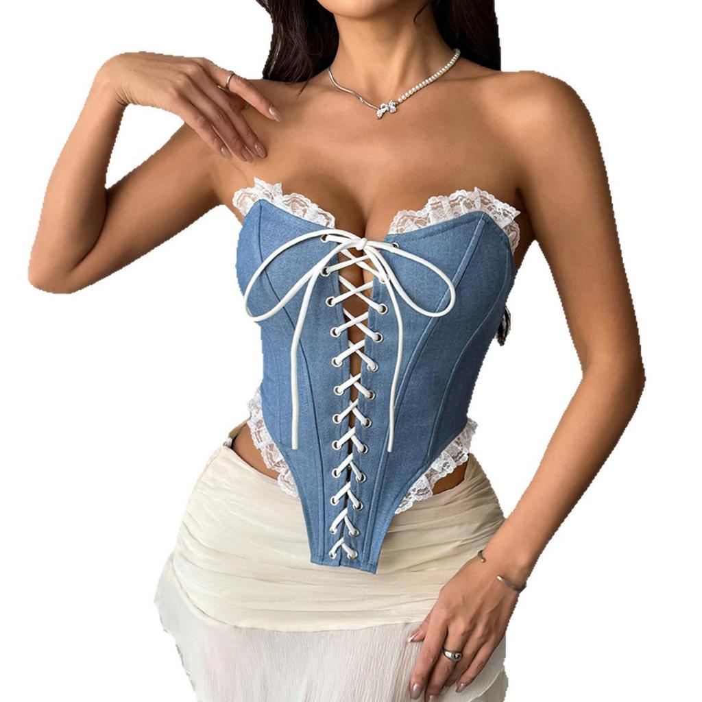 Cross-border Imitation Denim Strapless Lace-Up Boned Top R220