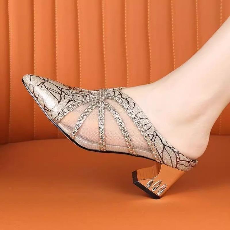 Fashion Special-shaped Heel Baotou Slippers Women's Fashion Pointed Toe Shallow Mouth Splicing Mesh Surface Non-slip Semi-drag
