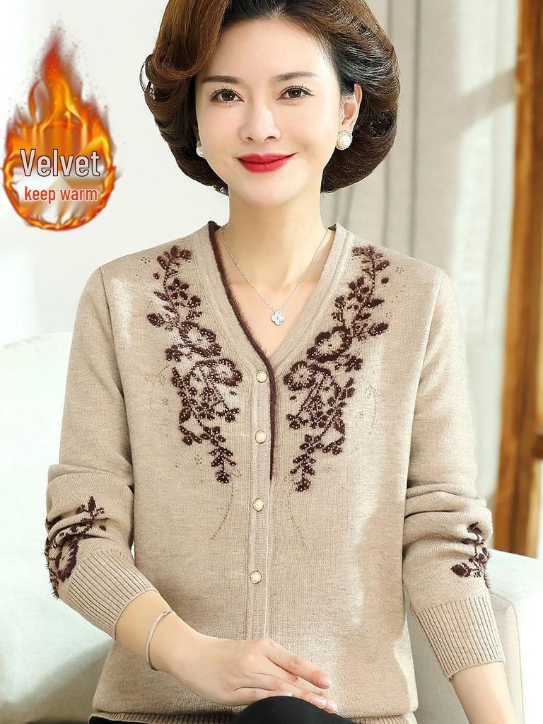 Stilvoller Winter-Samtcardigan mit V-Ausschnitt für Mütter – Modischer Pullover für Frauen mittleren und höheren Alters