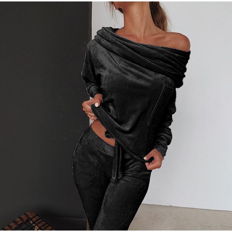 Ladies Sweatshirt Pants 2-piece Set Asymmetrical Strapless Velvet Sportswear Casual Wear Autumn and Winter S-5XL