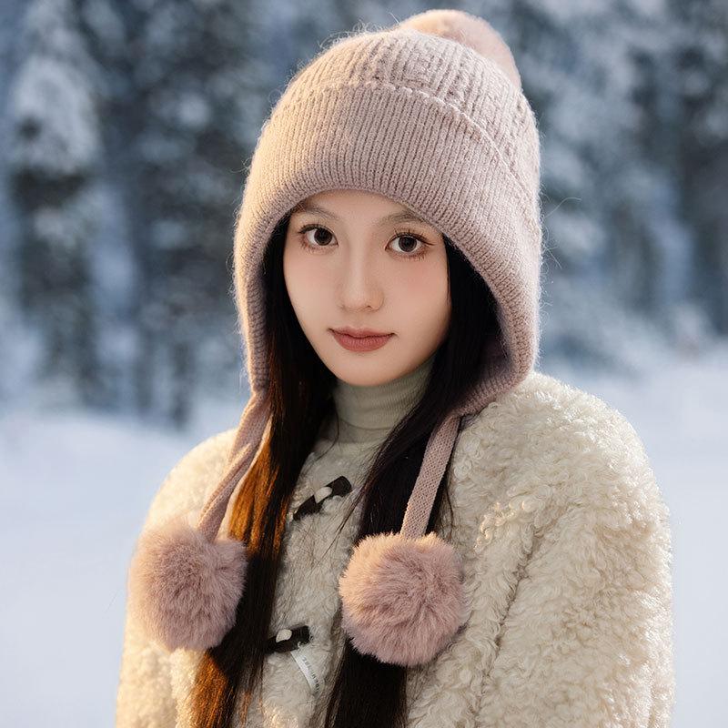 New Rabbit Fur Knitted Warm Hat Autumn and Winter Fleece Thickened Ear Protection Face Fleece Fleece Hat Women's Cold Protection Hat