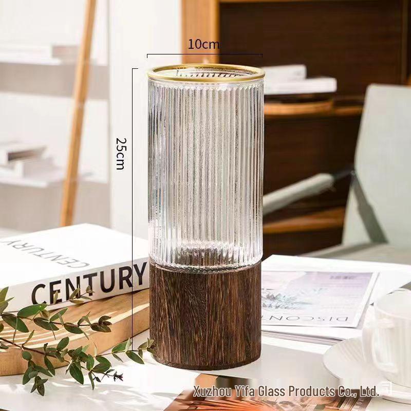 Nordic Light Luxury Crystal White Glass Vase with Wooden Holder for Fresh Flowers - Living Room Decor