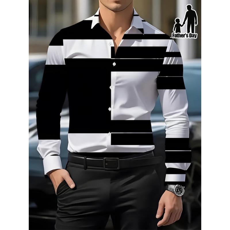 Men's Long-Sleeve Shirt - Striped Block Element Design - Black And White Print - Soft, Comfortable, Skin-Friendly - Casual 3D Style