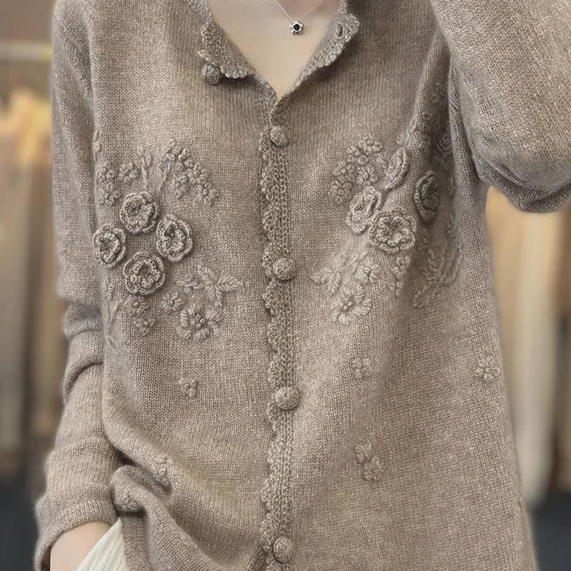 Women's European Round Neck Rose Cashmere Cardigan - Early Spring Heavy Knit Sweater Jacket