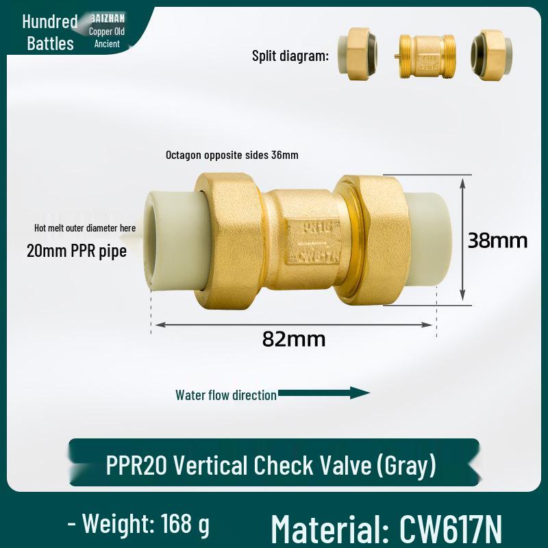 6/4 PPR Hot Melt Full Copper Check Valve, Horizontal/Vertical, 1-Inch Double Union, One-Way Tap Water Pipe Valve.