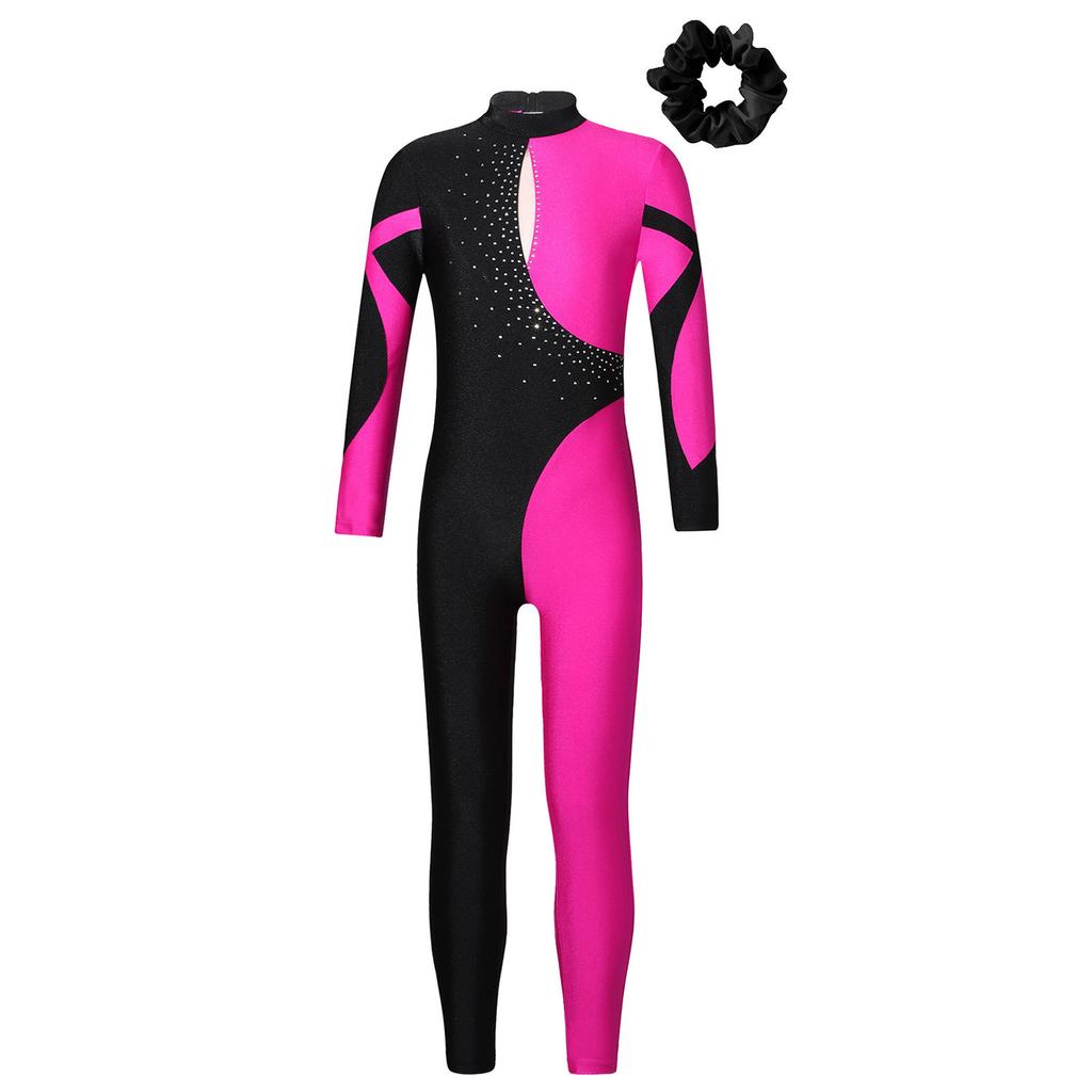 Girls Long Sleeve Stand Collar Shiny Rhinestone Contrast Color Hollow Back Dance Jumpsuit Hair Band