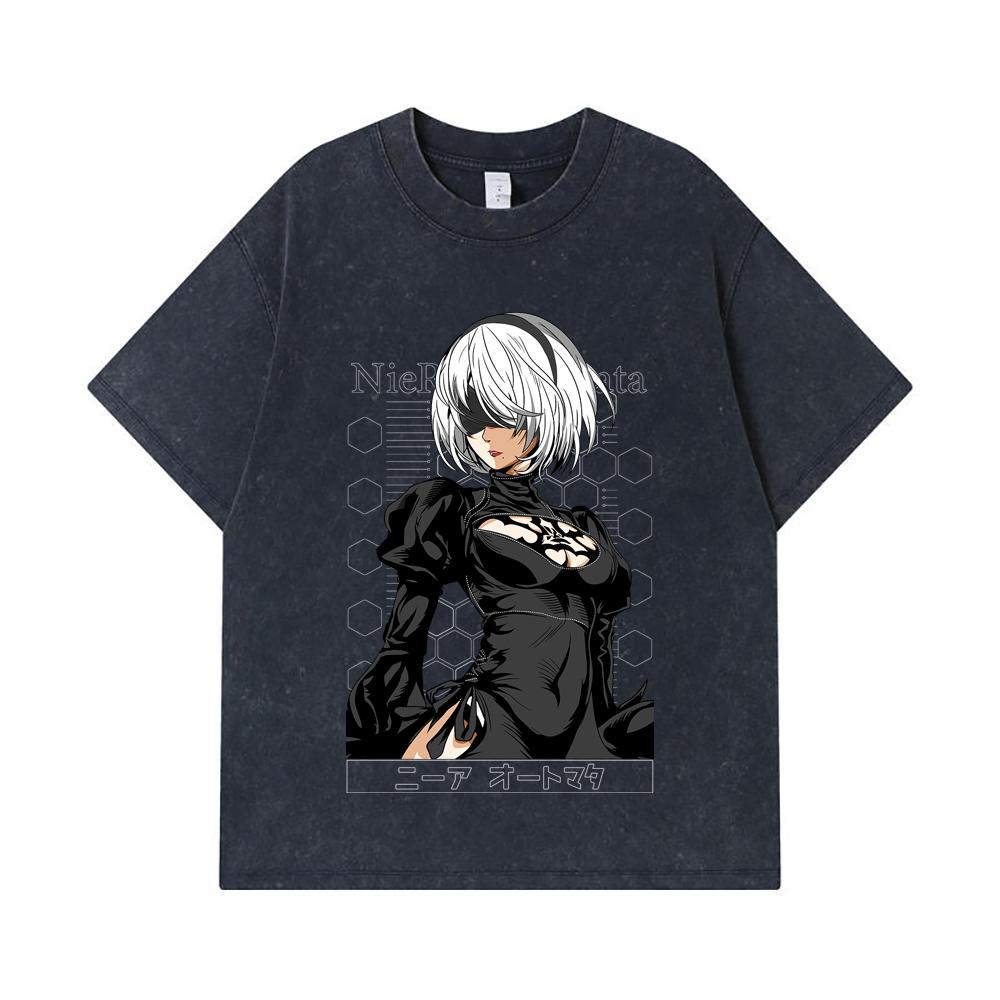 275 GSM Washed T-shirts 100% Cotton NieR Automata V2 2B Print Unisex Heavy Cotton T Shirt