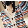 Autumn and winter foreign style striped retro jacquard long-sleeved knitted cardigan fashionable V-neck contrasting color with loose sweater jacket
