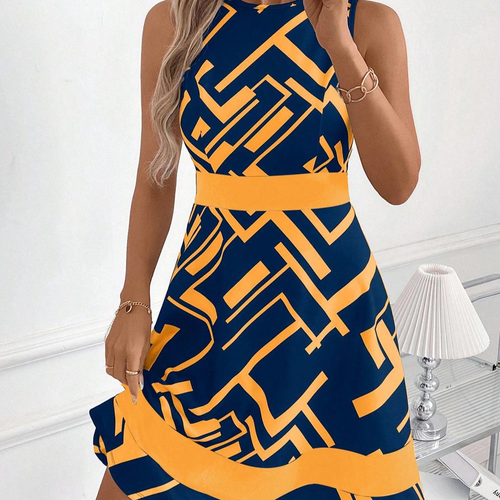 2025 new European and American fashion geometric printing sleeveless slim dress women's summer temperament commuter dress