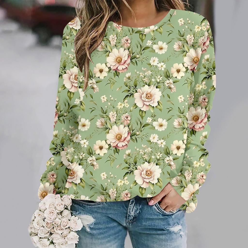 Autumn and winter round neck long sleeved print elegant and casual loose fit