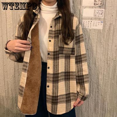 Herbst Winter Verdickte Plüsch Plaid Shirts Frauen Vintage Chic Lose Casual Warme Hemd Mäntel mit Knöpfen