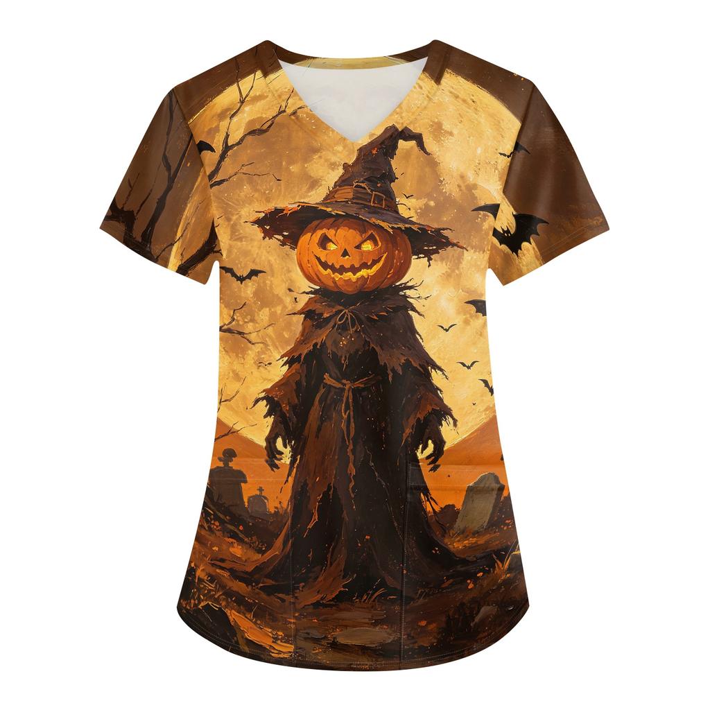 Damski top medyczny na Halloween z nadrukiem, dekoltem V, krótkim rękawem i kieszeniami