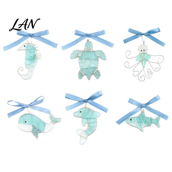 Handcrafted Marine Life Ornaments Handmade Sea Glass Ocean Ornaments, 2D Wire Wrapped Coastal Christmas Tree Decoration, Inspired Hanging Turtle