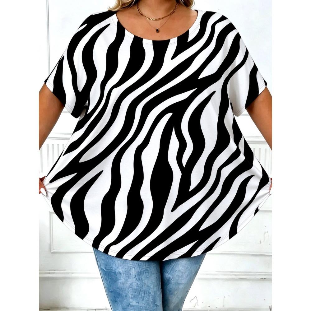 Creative Stripe Geometry 3D Printed Plus Size Short Sleeved T-shirt Fashionable Comfortable Soft Breathable Large Loose Women's Round Neck T-shirt