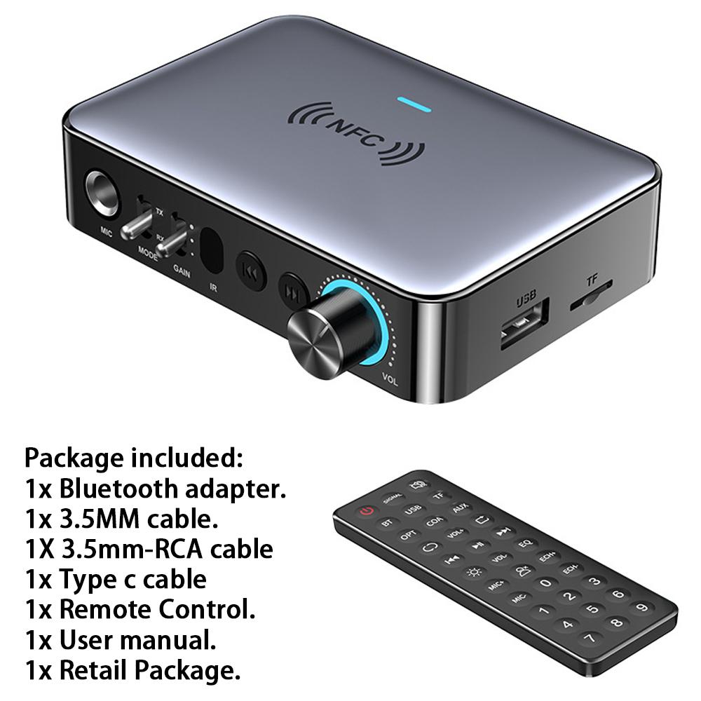 

Bluetooth Receiver Transmitter 5.1 NFC Stereo 3.5mm AUX Jack Optical Coaxial RCA Wireless Audio Adapter Microphone Sing for TV сірий