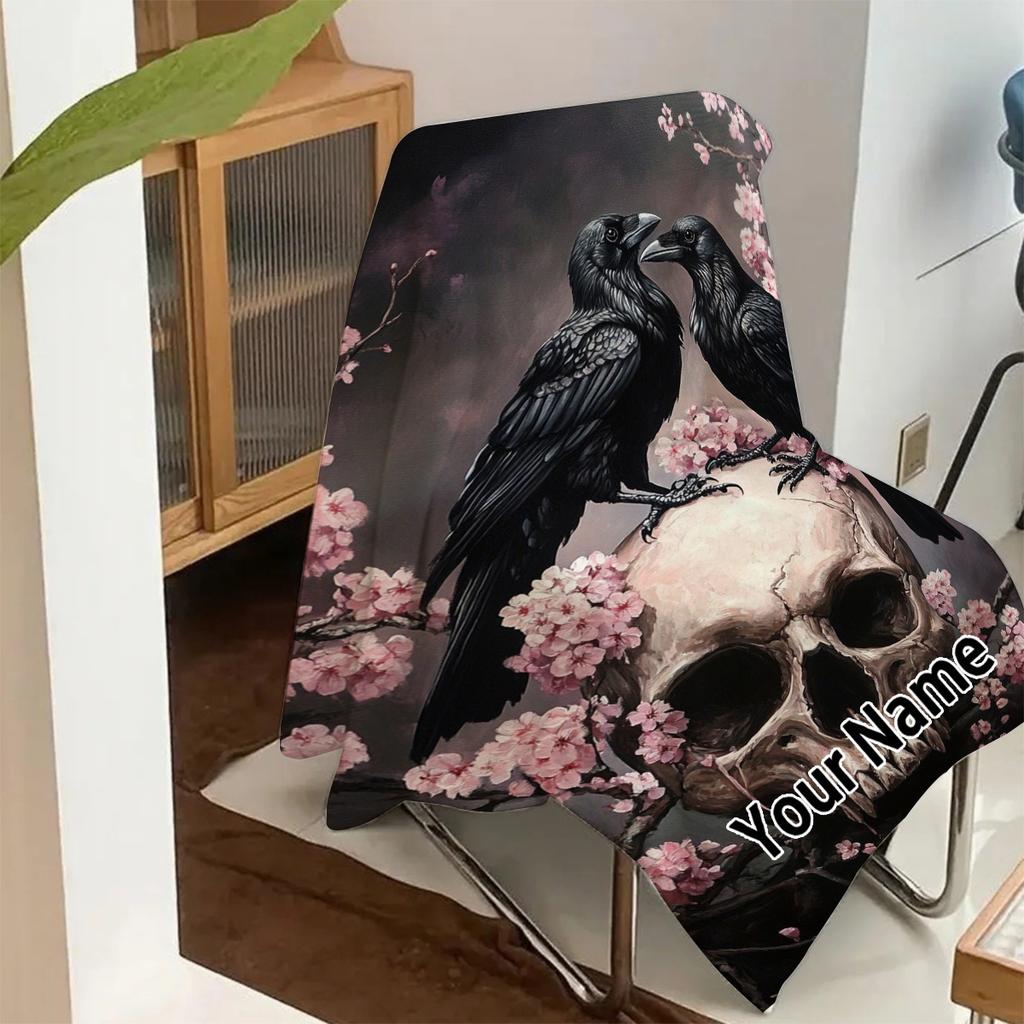 1pc Gothic Raven & Cherry Blossom Flannel Blanket - Custom Name/Message Personalized Skull Design for Halloween