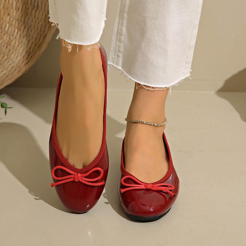 Fashion Simple Flat Single Shoes Women's Fashion Round Toe Light Mouth Patent Leather Bow Slip Soft Sole Non-Slip Low Top Shoes