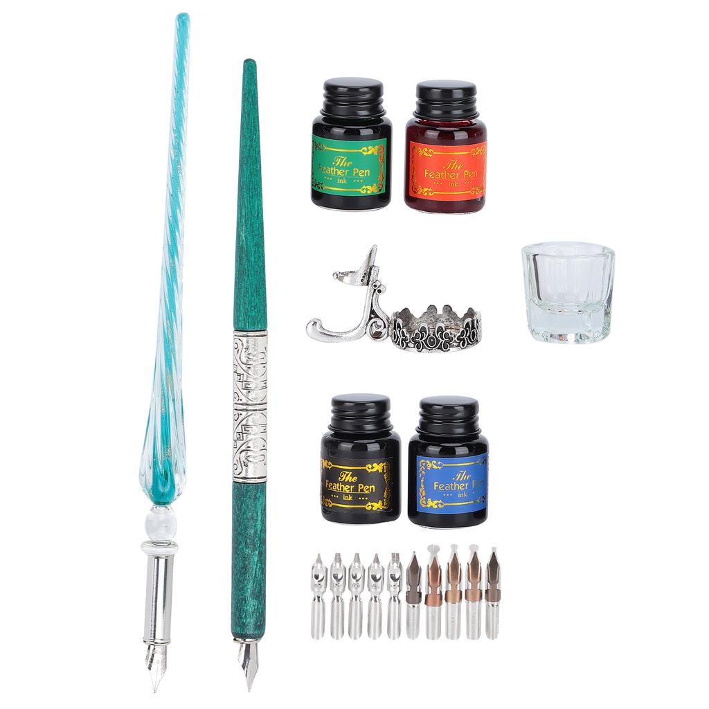 Dip Pen Kit 24x13.5x4.3cm Flat Round Nibs with Ink Holder for Writing Drawing Calligraphy(SP249035 Blackish Green ( Rod