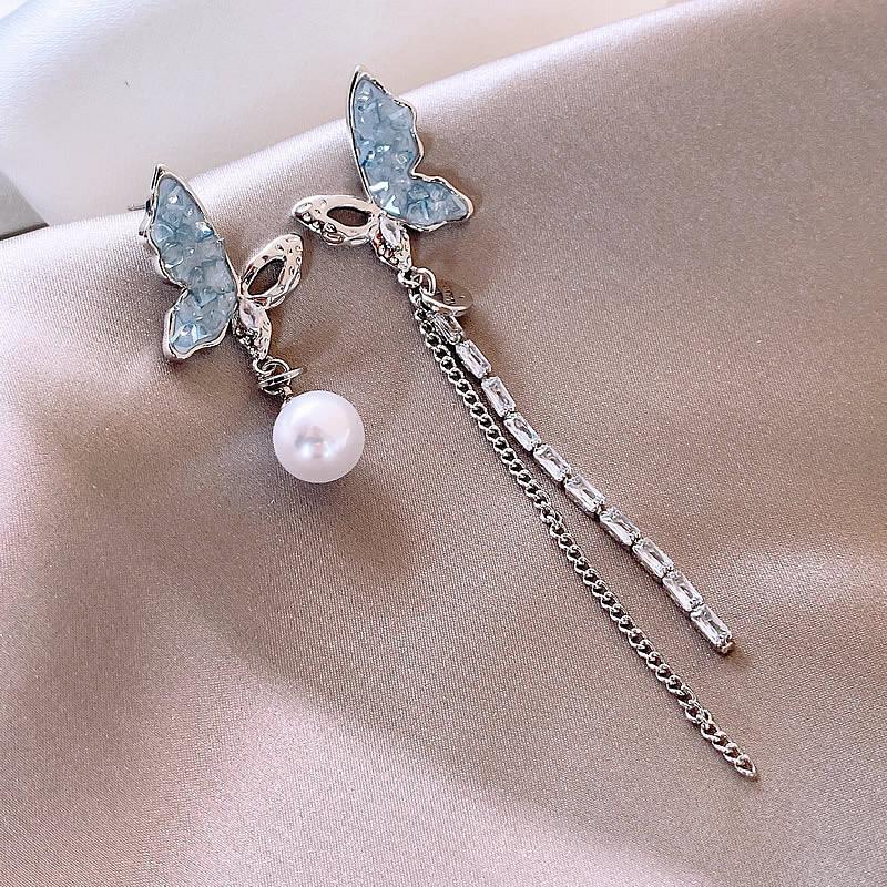 Ice quenched blue flower artificial crystal fringed earrings Cool wind temperament stud earrings Internet celebrity earrings