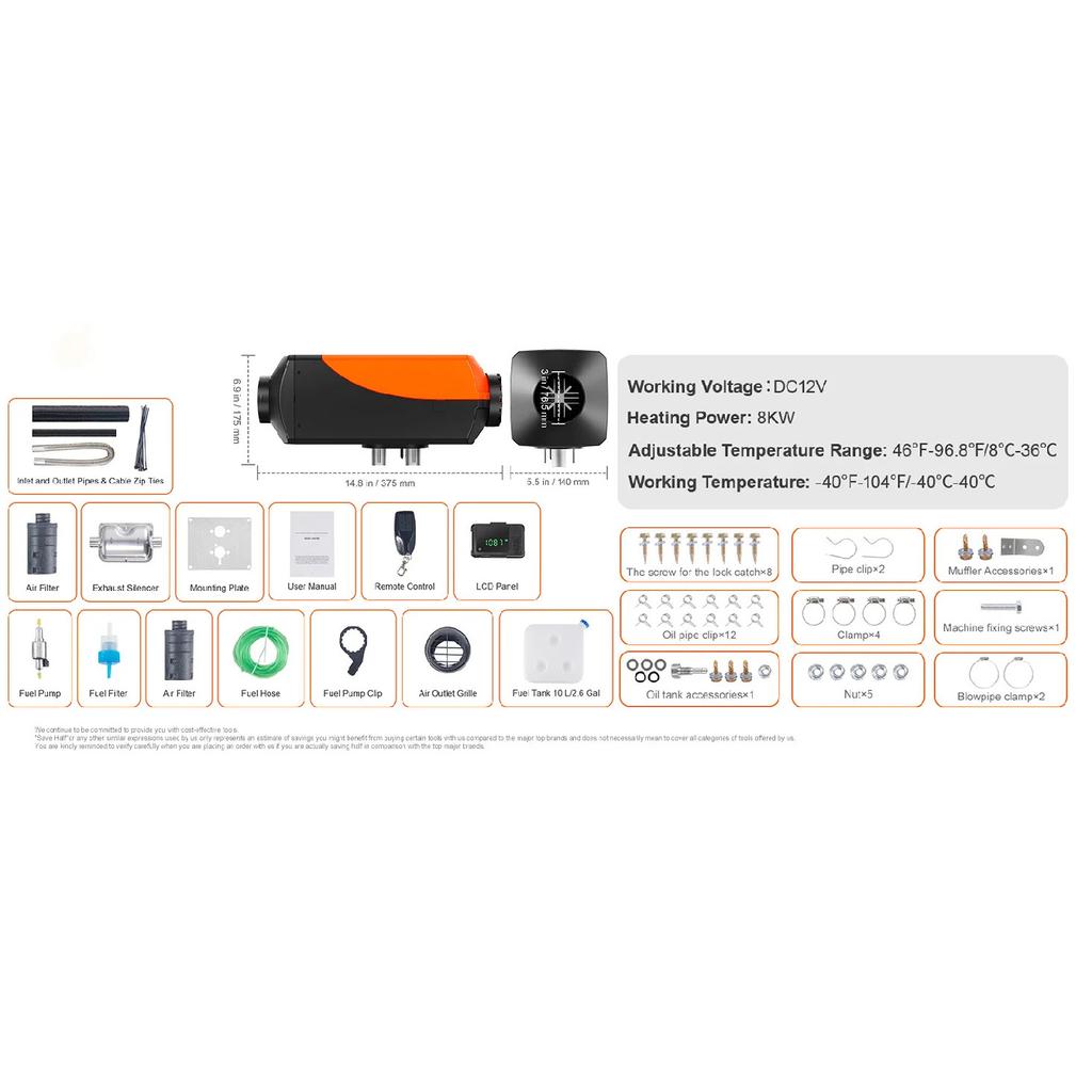 SucceBuy 8KW Dieselový Vzduchový Topidlo Bluetooth Vše v Jednom Dieselové Topidlo s LCD Přenosné Parkovací Topidlo pro Přívěs Obytný Vůz Dodávku Loď