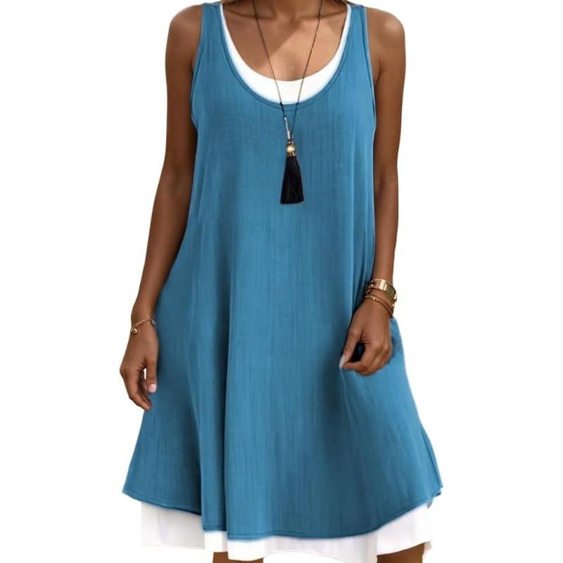 Damenmode, Sommer, Frühling, einfarbig, ärmellos, O-Ausschnitt, Freizeitkleider