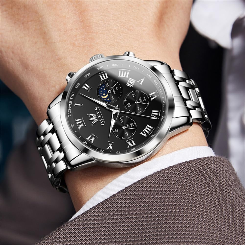 OLEVS Men's Quartz Watch Water-Resistant, Date Display, Luminous Hands, Stainless Steel Band, Black