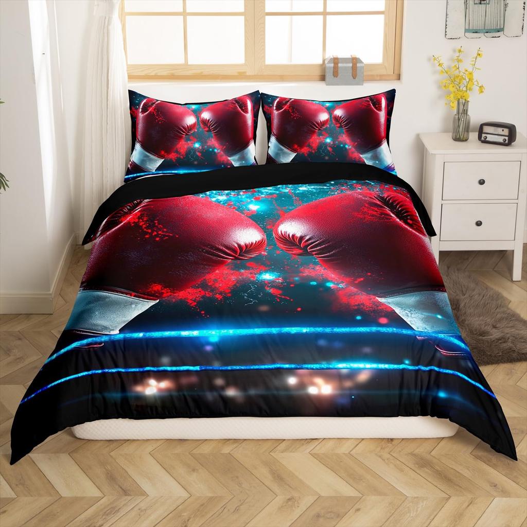 Boxing Sport Duvet Cover Set Golden Boxing Gloves Comforter Cover Kids Boys Teens Yellow Fire Print Duvet Covers with Pillowcase