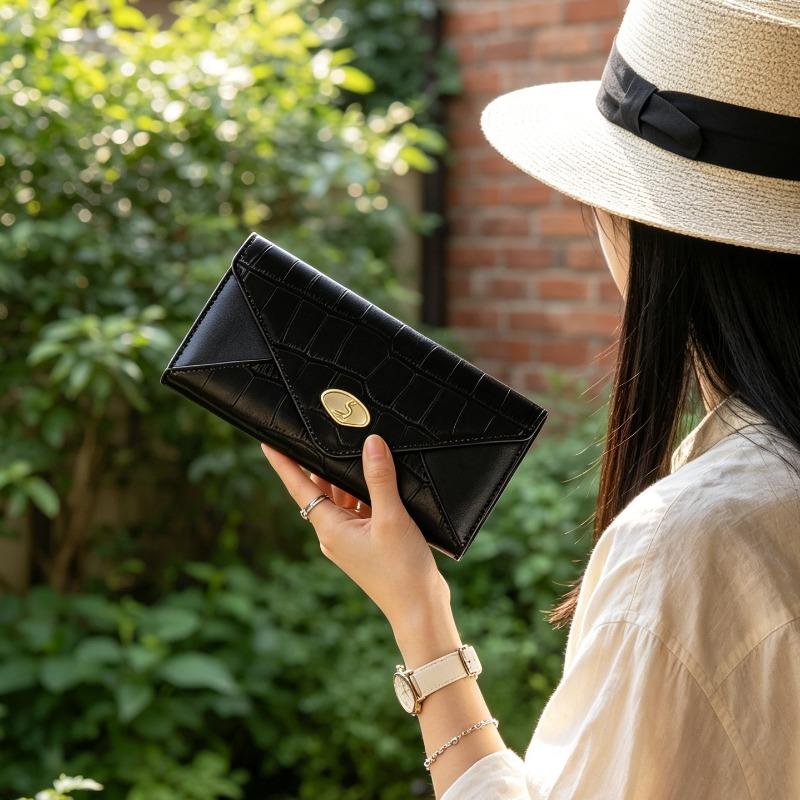 Damen Long Wallet mit Krokodilmuster, Umschlag-Clutch-Tasche mit großer Kapazität, Mehrere Kartenfächer, Reißverschluss-Münzfach, Elegante Abend-Handtasche