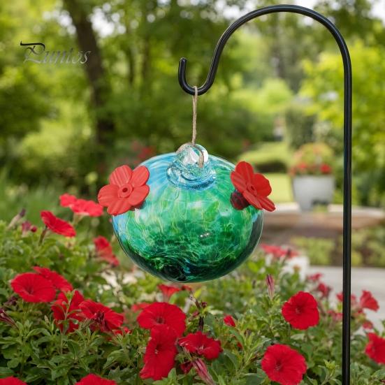 Nectar Storage Feeder Blown Glass Hummingbird Feeder, Outdoor Hanging Colorful Hand-blown with Two Flower Feeding Ports for Garden Backyard
