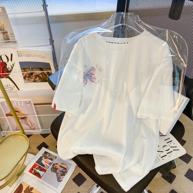 Chinese Style Embroidered T-shirt Summer Round Neck Loose Women's Short Sleeved Tee Butterfly Pattern Korean Casual Top