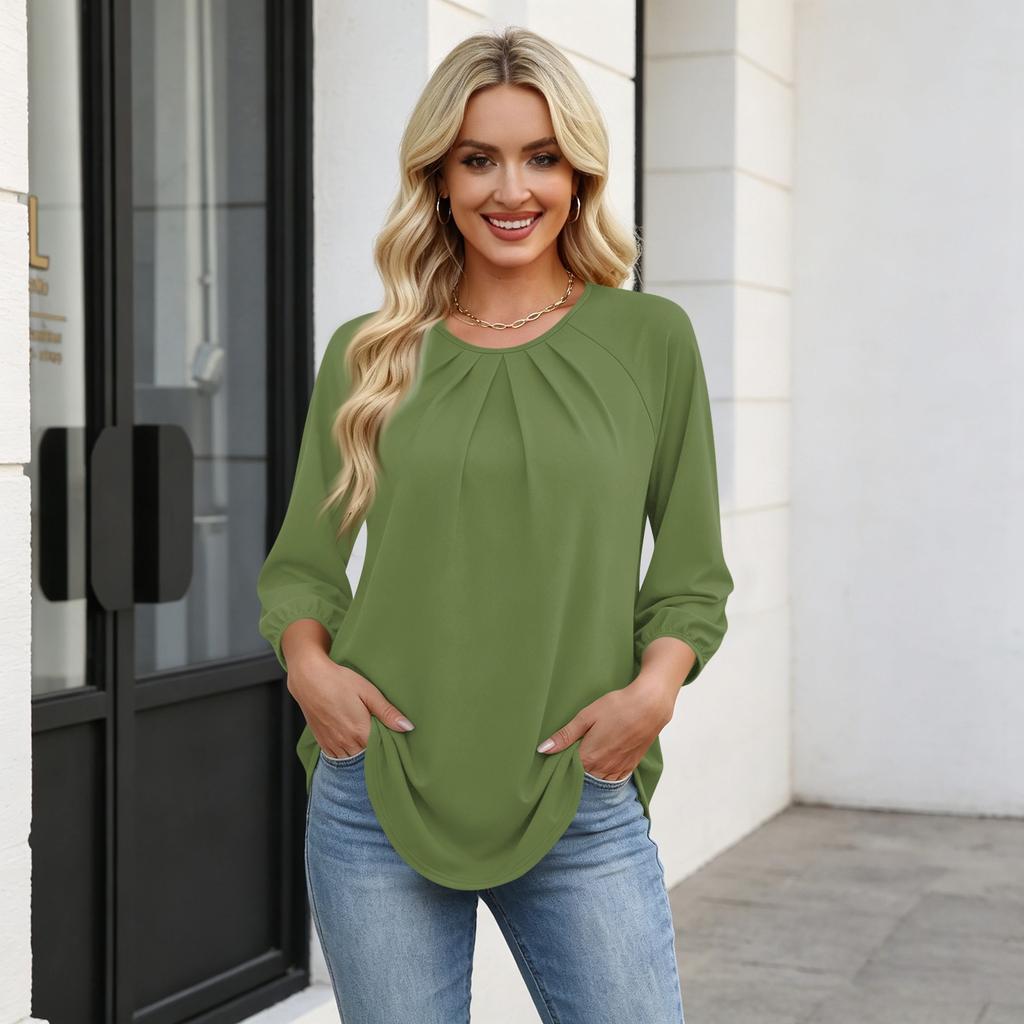 Women's 3/4 Sleeve Round Neck Pleated T-Shirt Top Lightweight Soft Fabric Comfortable Fit Casual Wear