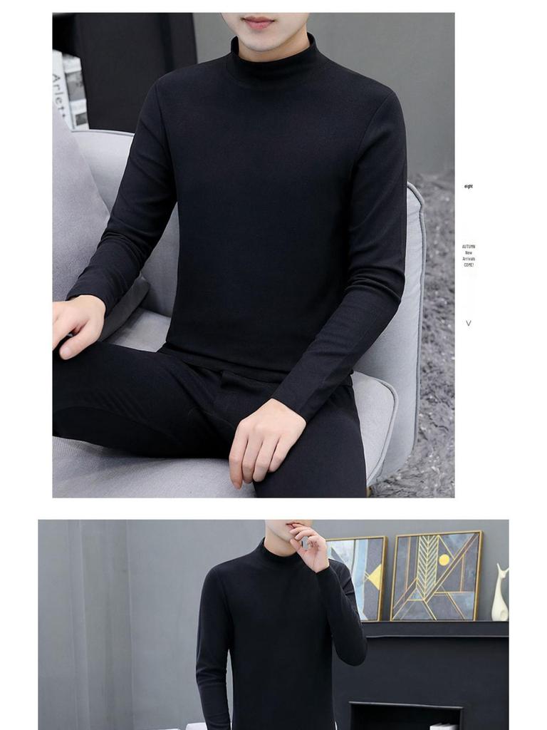 Men's Double-Sided German Velvet Semi-High Neck Warm Set for Autumn & Winter