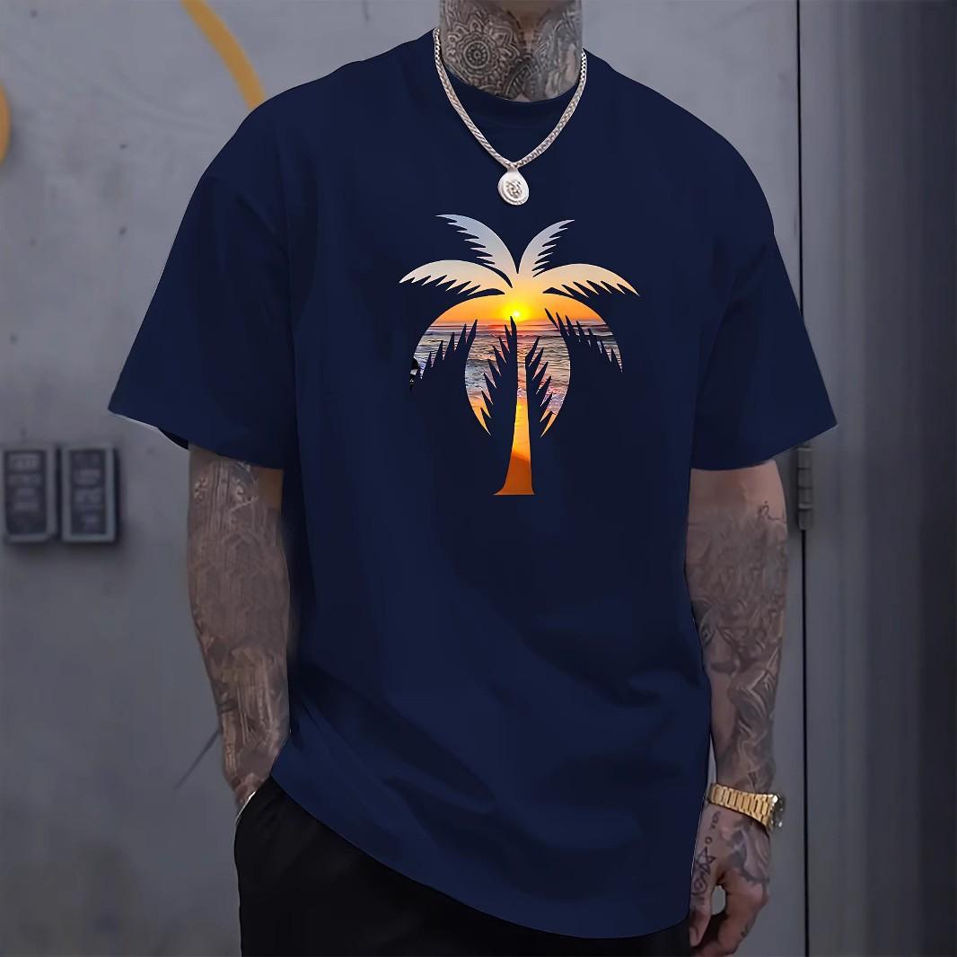 

Летняя мужская футболка с коротким рукавом, свободная, удобная, модная, дышащая, с принтом тропических пальм, мужская хлопковая футболка с коротким рукавом S темно-синий