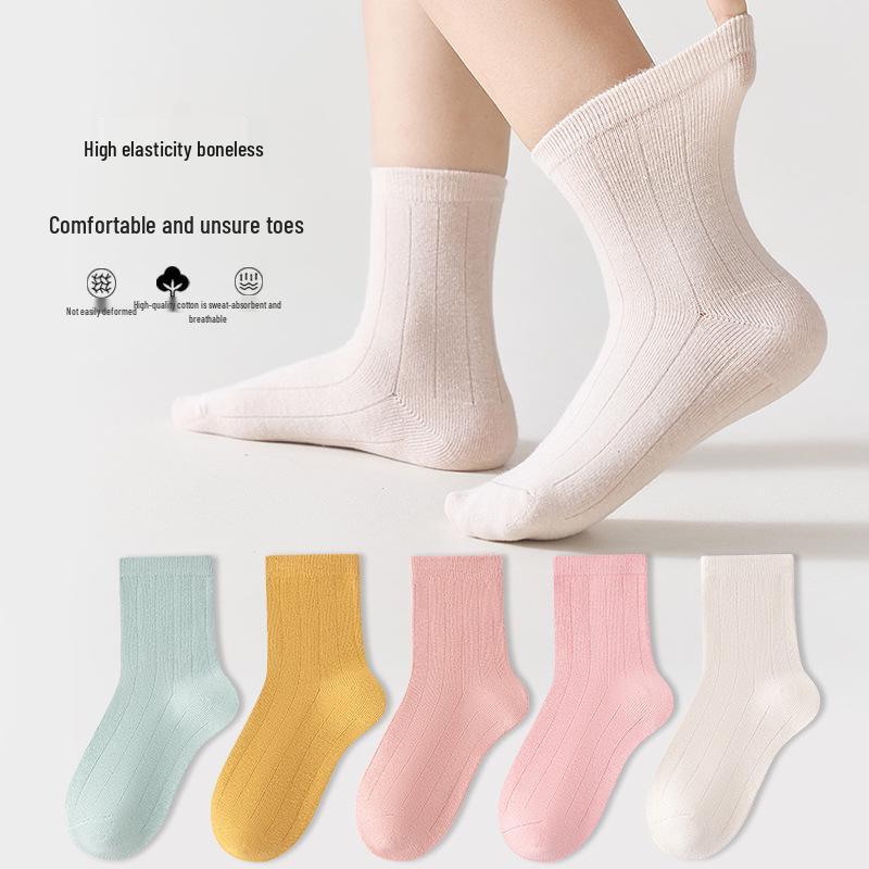 25 Nouvelles Chaussettes en Coton Mi-Mollet Couleur Unie pour Filles Automne/Hiver
