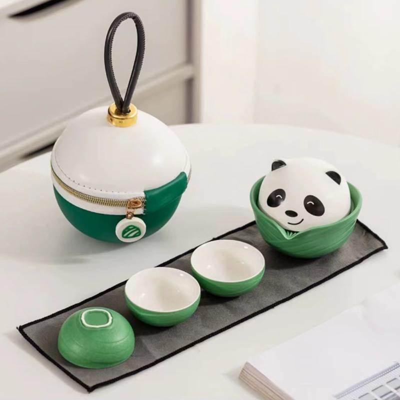 

Cute Panda Portable Travel Tea Set Outdoor Ceramic Quick Customer Cup One Pot Three Cups Set with Storage Bag