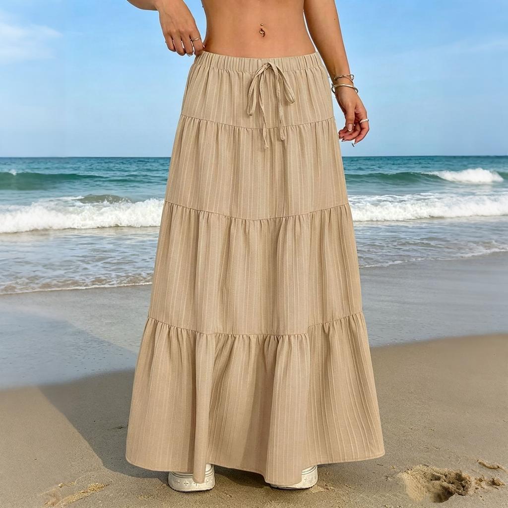 Women's Casual Elastic Waist Multi-Layer Maxi Skirt with Drawstring Adjustable Waistband Lightweight Long Skirt for Everyday Wear