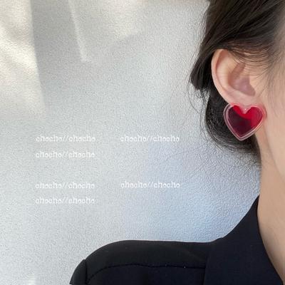 South Korea Transparent Red Double-layer Love New Trendy Ear Needles Sweet Girl White Earrings Female S Silver Needles