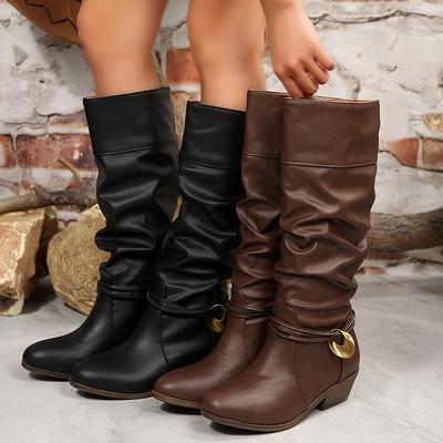 Fashion Metal Decor Block Heel Knee High Boots Women Retro Pleated PU Leather Western Boots Woman Autumn Winter Slip On Wide Leg Botas