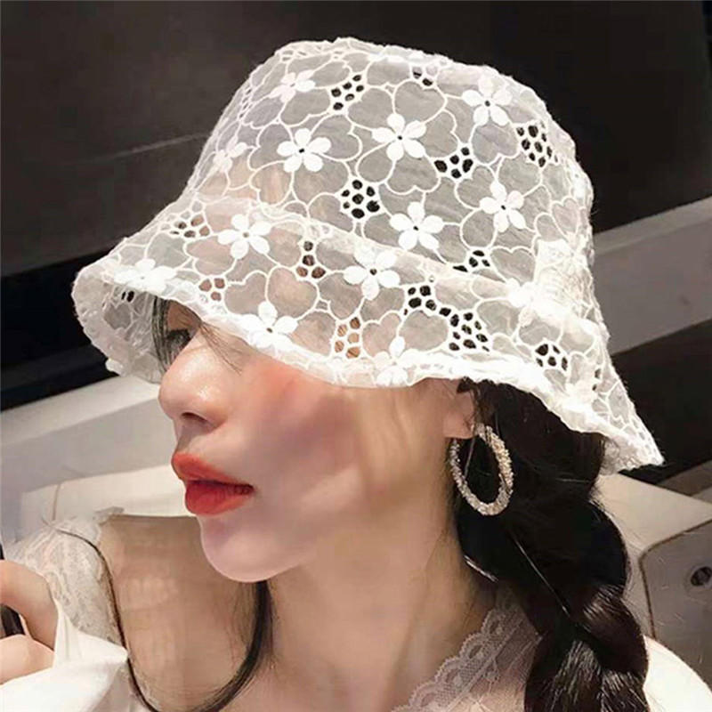 Lace Hat For Women Flower Wide Brim Sun Hats Outdoor Beach Hollow Summer Fisherman Hats Ladies Bucket Hat Female