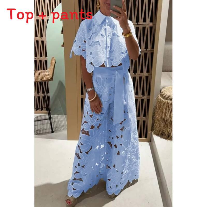 Summer Womens Casual Set With Hollow Out Overlay And Long Pants For Beach And Leisure