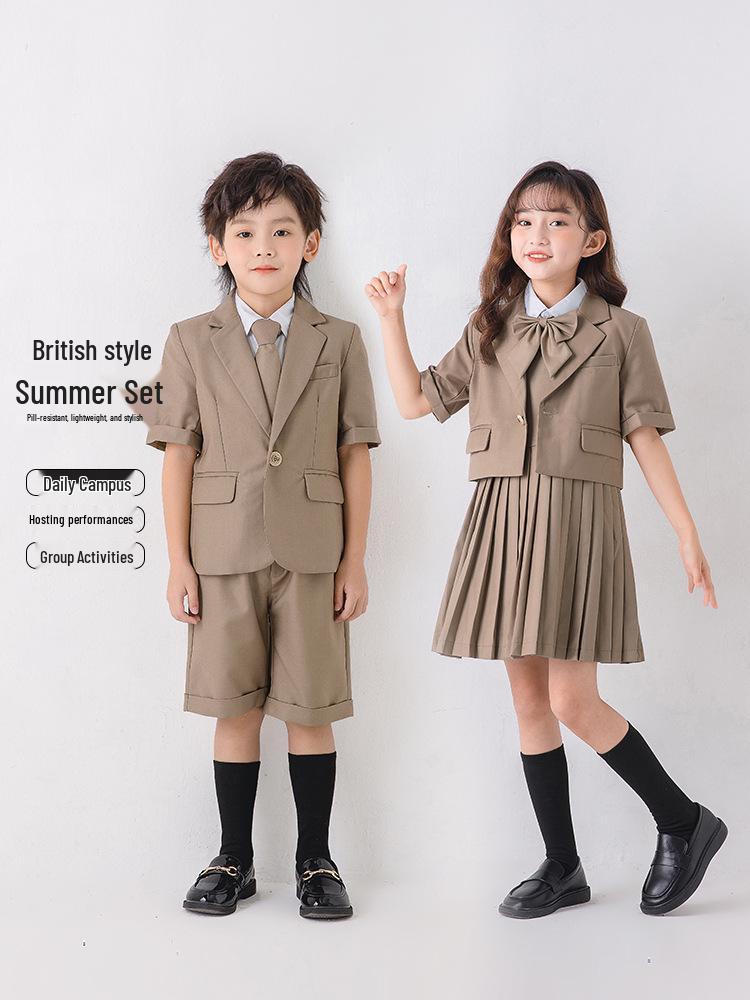 British Style Summer Short Sleeve Kindergarten Uniform Set for Boys and Girls
