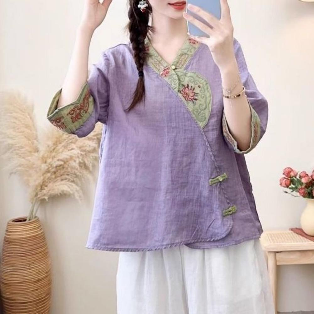 Summer Women's Vintage Ethnic Style Cotton Linen V-Neck Embroidered Buttoned Sleeveless Blouse Top
