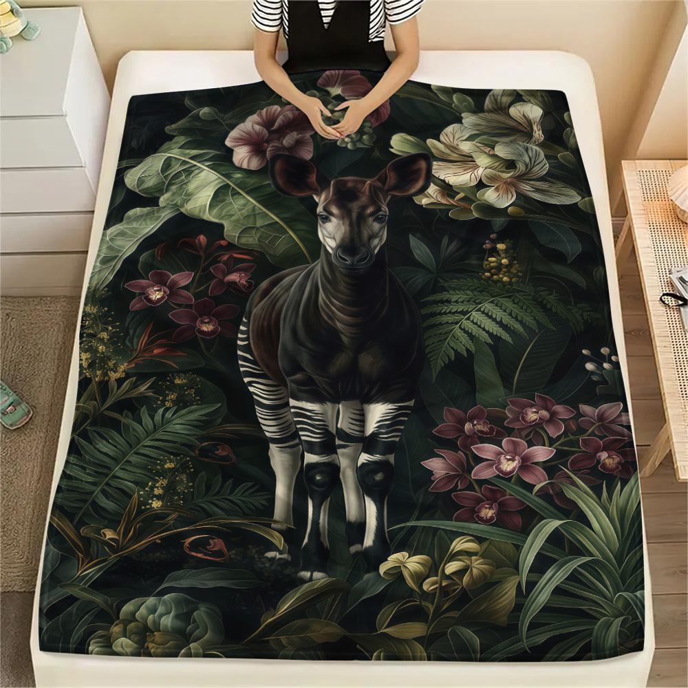1PC Cute Okapi Print FlAannel Blanket, High Quality Comfortable for All Seasons, Home Decor, Warmth and Comfort