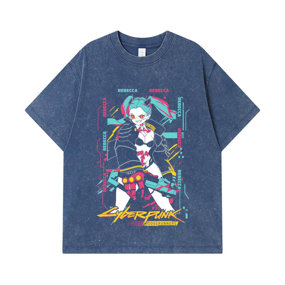 

275 GSM Washed T-shirts 100% Cotton Cyberpunk Edgerunners V2 Rebecca Print Unisex Heavy Cotton T Shirt 2XL королівський синій колір