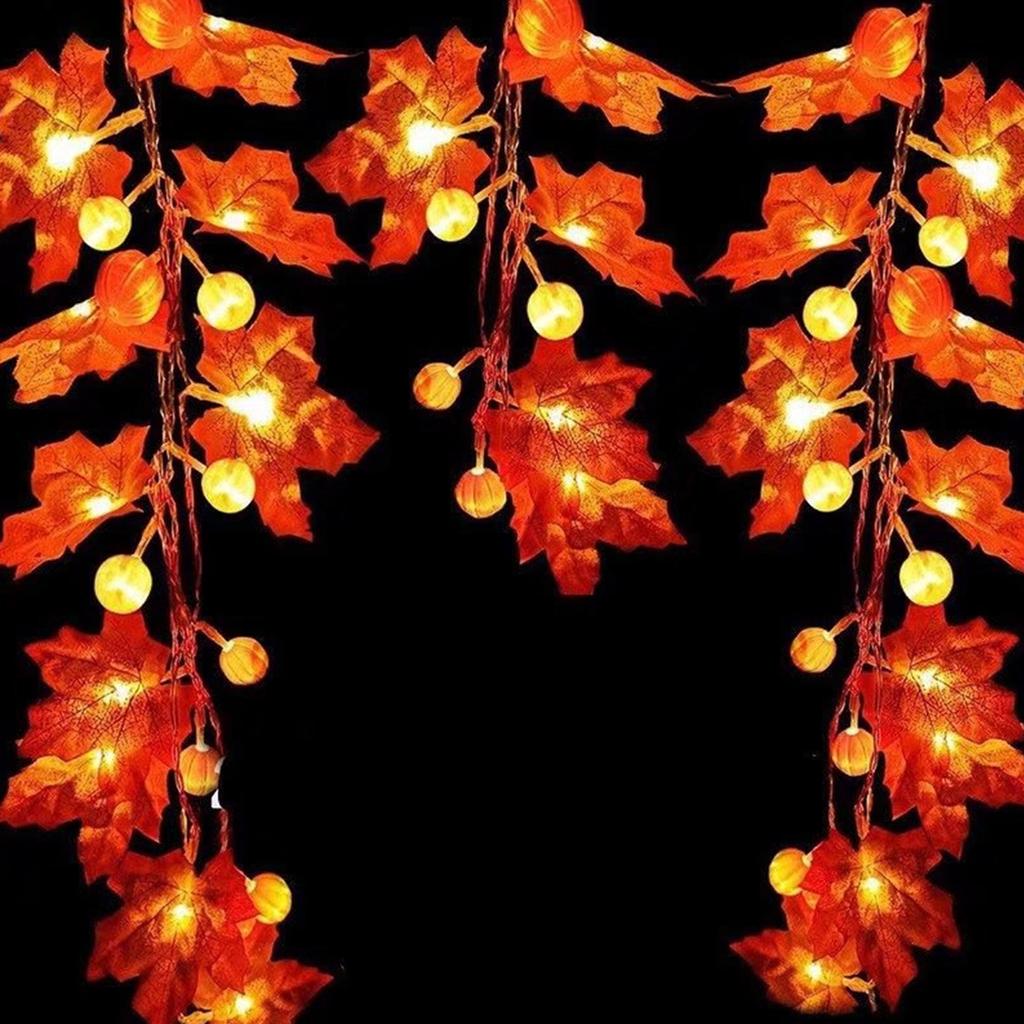 20FT 40LEDs Halloween Fairy String Lights Pumpkin Maple Leaf Shaped Decorative Hanging Lights Warm White Waterproof Battery Operated Lighting