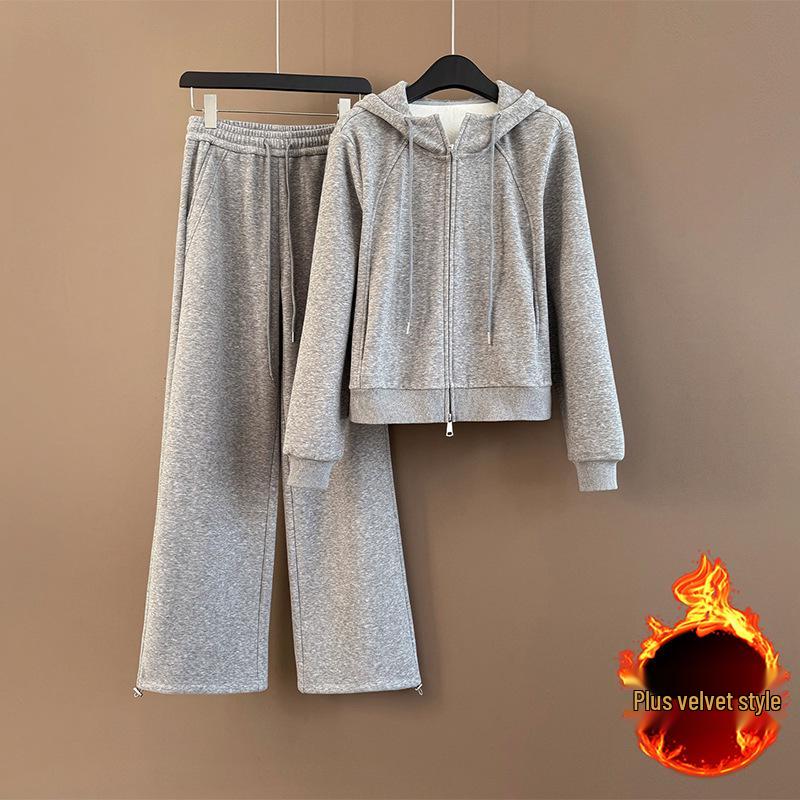 

Women s Fleece-lined Korean Style Hoodie & Wide-leg Pants Set for Autumn/Winter 2025 XL