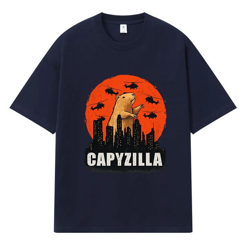 2026 Capybara Standing On Buildings Helicopters Flying Around Graphic Y2k Harajuku Streetwear 100% Cotton T Shirt Casual Oversized Summer Men T-shirt