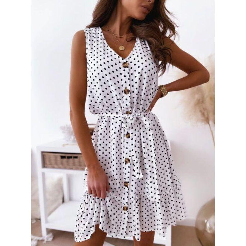 Sexy V-neck Slimming Lace-up Polka Dot Sleeveless Dress