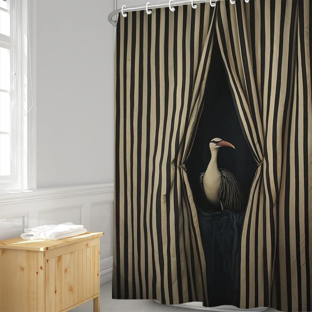 Tenda da Doccia Elegante a Strisce Bianche e Nere con Uccelli Opere d'Arte Divertenti di Animali per Bagno della Cameretta
