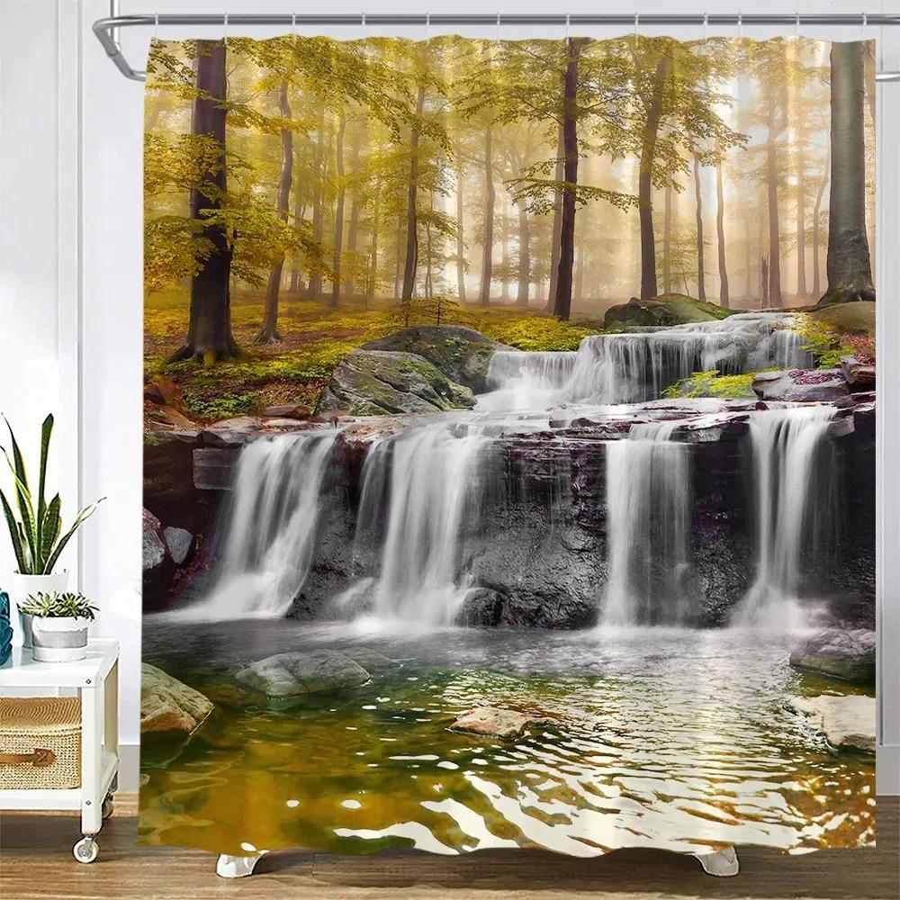 Autumn Waterfall Landscape Shower Curtains Forest Maple Red Leaves Plant Wild Tiger Fall Nature Scenery Cloth Bathroom Decor Set